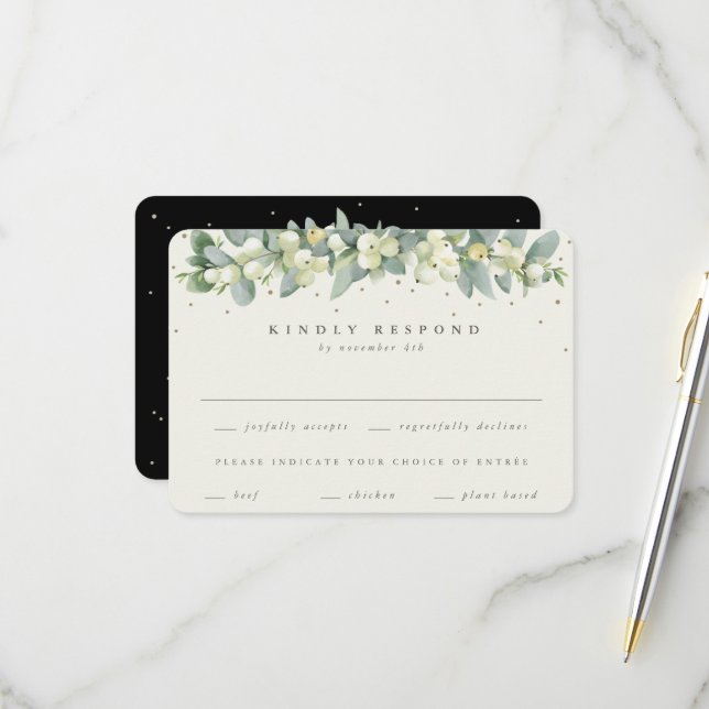 Black Snowberry+Eucalyptus Garland Wedding RSVP Karte (Vorderseite/Rückseite Beispiel)
