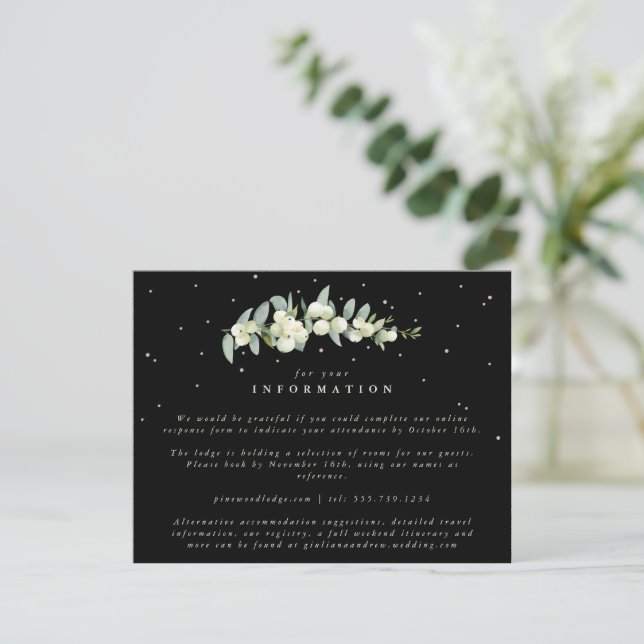 Black Snowberry+Eucalyptus Stem Wedding Info Begleitkarte (Stehend Vorderseite)