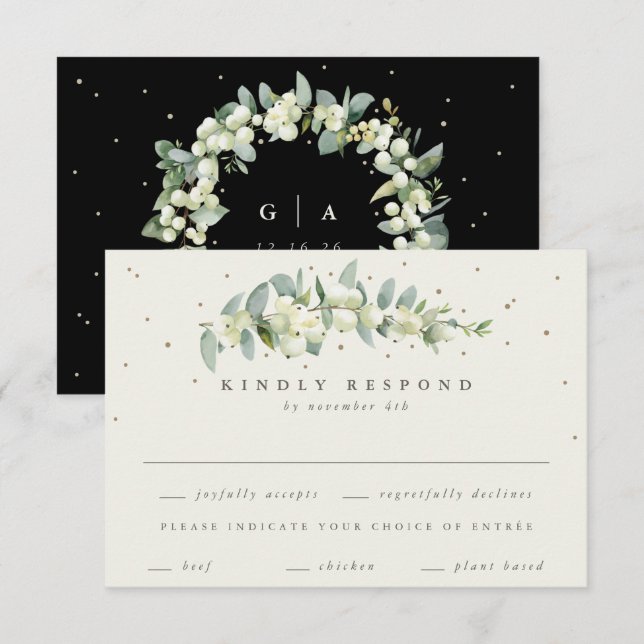 Black Snowberry+Eucalyptus Stem Wedding RSVP Karte (Vorne/Hinten)