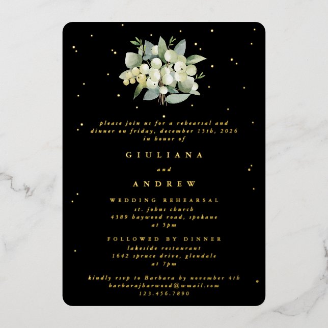 Black Snowberry+Eucalyptus Wedding Probe Folieneinladung (Vorderseite)