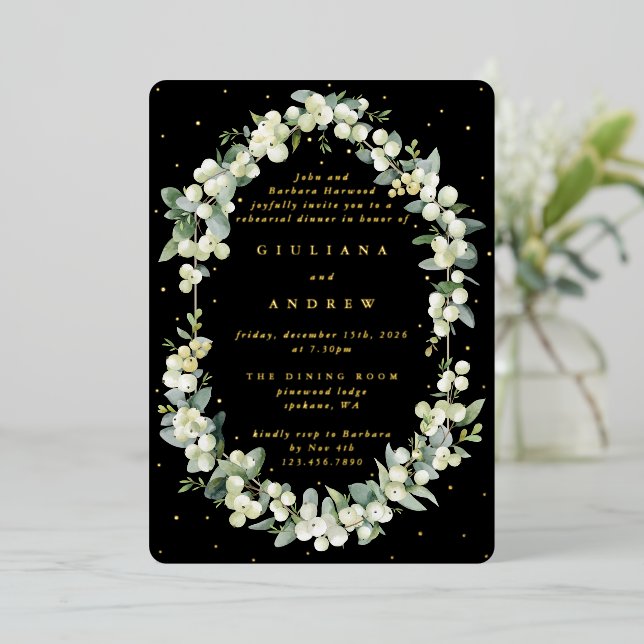 Black Snowberry+Eucalyptus Wedding Probe Folieneinladung (Stehend vorne)