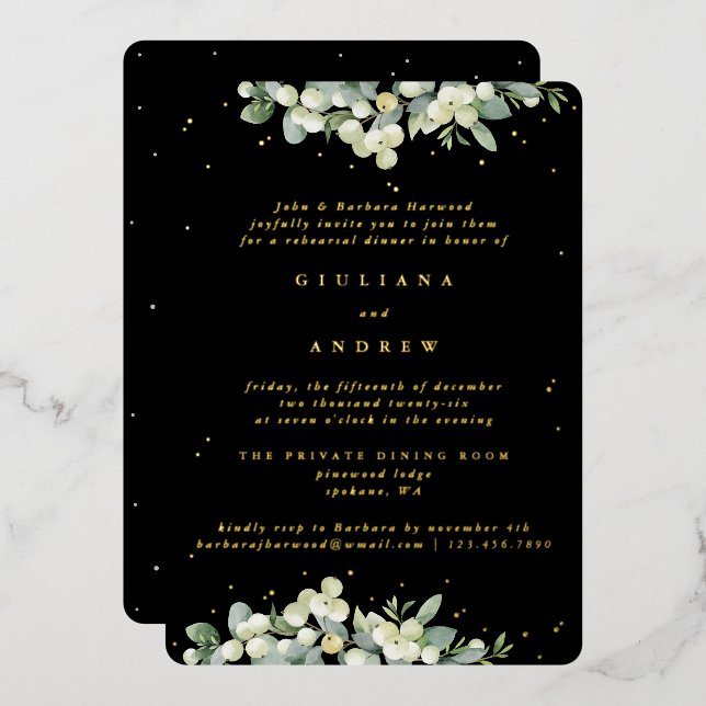 Black Snowberry+Eucalyptus Wedding Probe Folieneinladung (Vorderseite/Rückseite)