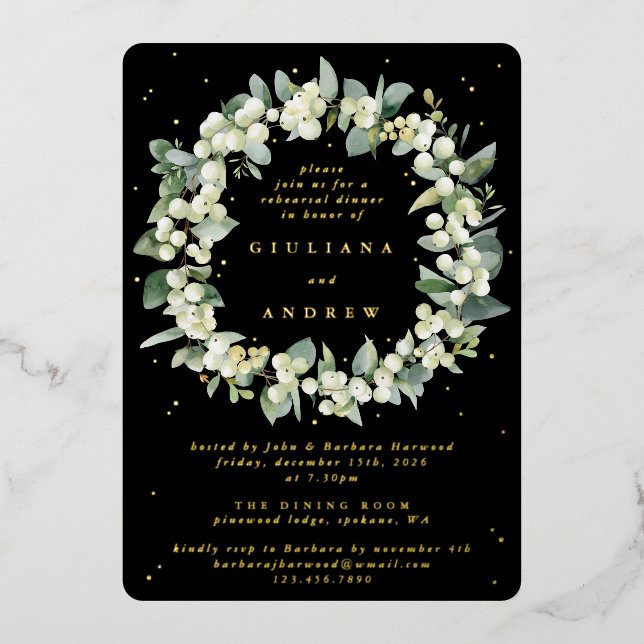 Black Snowberry+Eucalyptus Wedding Probe Folieneinladung (Vorderseite)