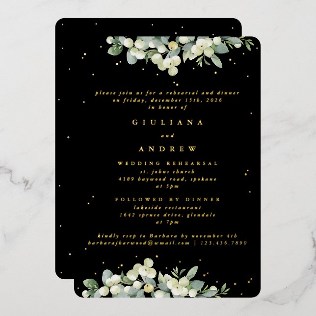 Black Snowberry+Eucalyptus Wedding Probe Folieneinladung (Vorderseite/Rückseite)