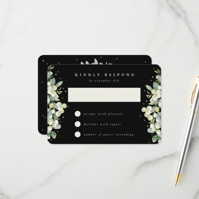 Black Snowberry+Eucalyptus Wedding RSVP Karte (Vorderseite/Rückseite Beispiel)
