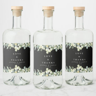 Black Snowberry+Eucalyptus Winter Wedding Alkoholflaschenetikett