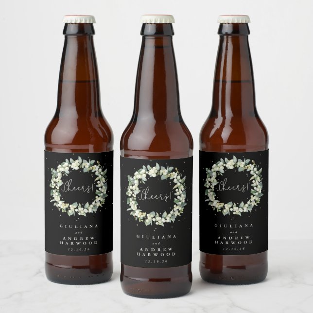 Black Snowberry+Eucalyptus Winter Wedding Bierflaschenetikett (Flaschen)