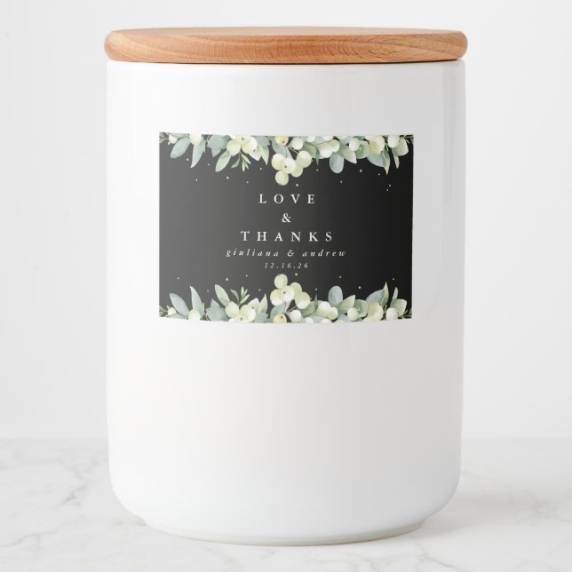 Black Snowberry+Eucalyptus Winter Wedding Gefallen Lebensmitteletikett (Vorderseite)