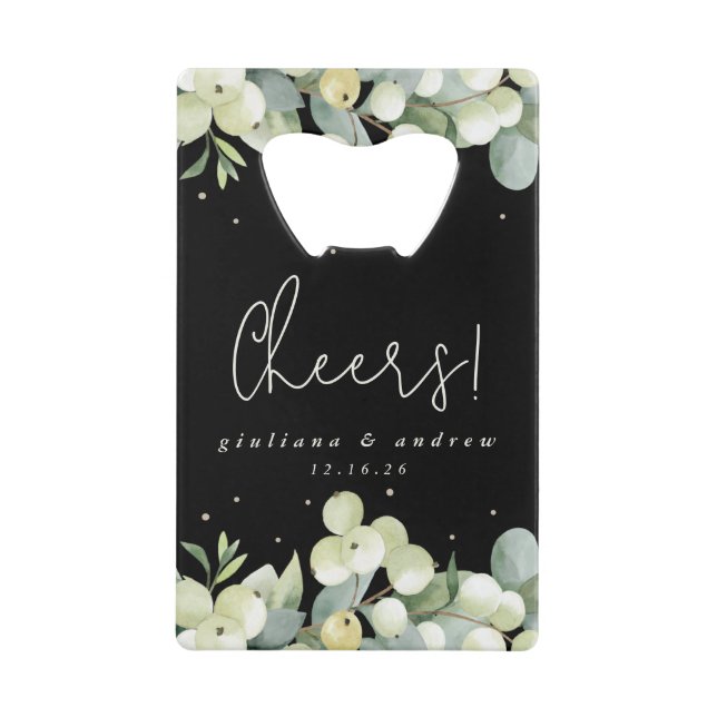 Black Snowberry+Eucalyptus Winter Wedding Mini Geldbeutel Flaschenöffner (Vorderseite)