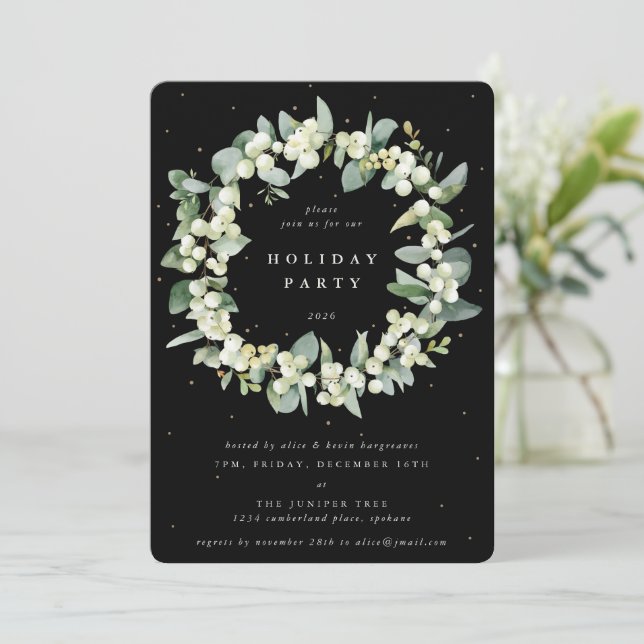 Black Snowberry+Eucalyptus Wreath Holiday Party Einladung (Stehend Vorderseite)