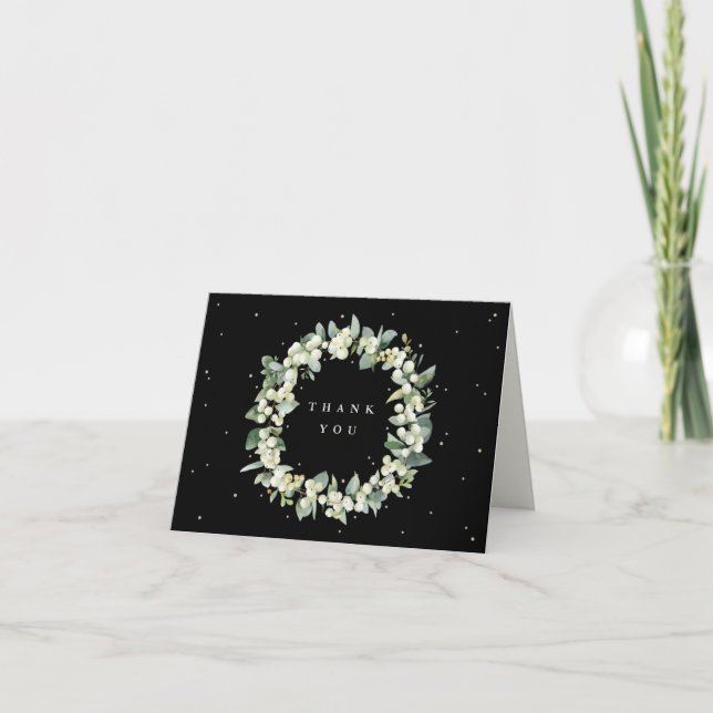 Black Snowberry+Eucalyptus Wreath Wedding Note Dankeskarte (Vorderseite)