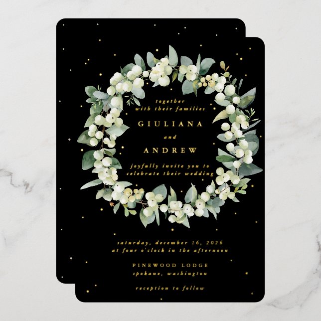 Black Snowberry+Eucalyptus Wreath Winter Wedding Folieneinladung (Vorderseite/Rückseite)