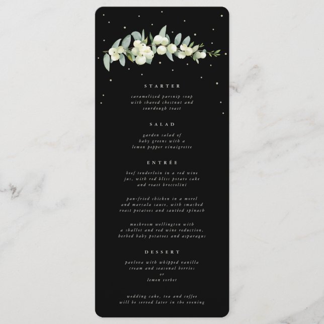 Black Snowberry+Eukalyptus 4 Course Hochzeitswohnu Menükarte (Vorderseite)