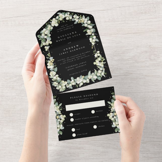 Black Snowberry + Eukalyptus Wedding All In One Einladung (Abreißtisch)