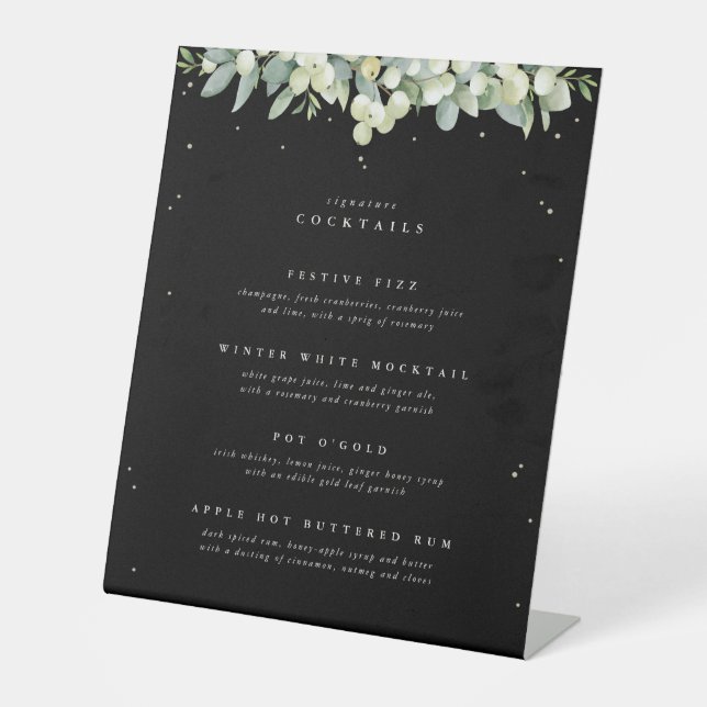 Black Snowberry+Eukalyptus Wedding Drinks Menü Sockelschild (Vorderseite)