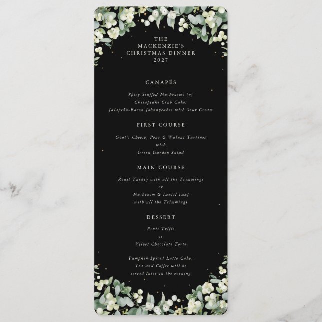 Black Snowberry Weihnachts-Abendessen Flat 4 Cours Menükarte (Vorderseite)