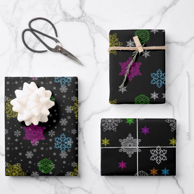 Black Snowflake Wrapping Paper Set Geschenkpapier Set (Vorderseite)