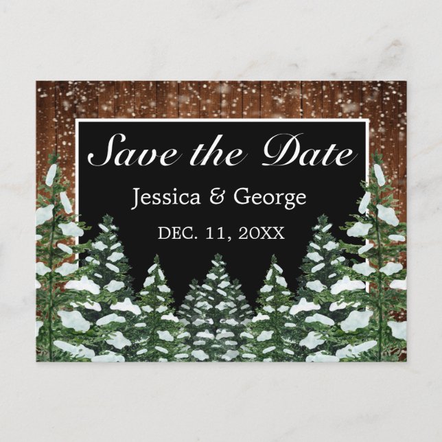 Black Snowy Wood & Forest Country Wedding Ankündigungspostkarte (Vorderseite)