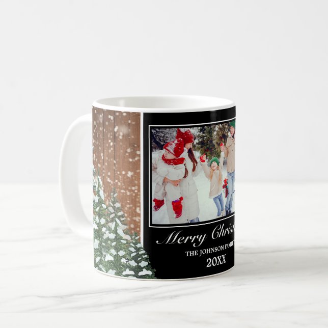 Black Snowy Wood & Forest Frohe Weihnachts-Foto Kaffeetasse (Vorderseite Links)