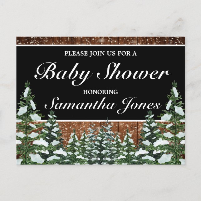 Black Snowy Wood & Forest Pine Baby Dusche Ankündigungspostkarte (Vorderseite)