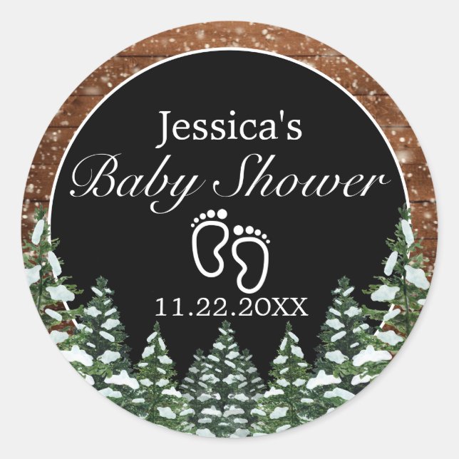 Black Snowy Wood & Forest Pine Baby Dusche Runder Aufkleber (Vorderseite)