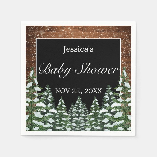 Black Snowy Wood & Forest Pine Baby Dusche Serviette (Vorderseite)