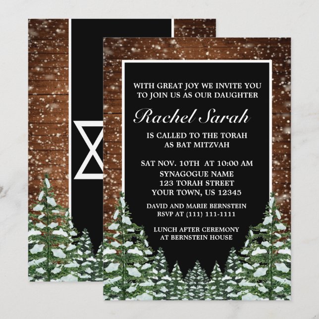 Black Snowy Wood & Forest Pine Bar Bat Mitzvah Einladung (Vorne/Hinten)