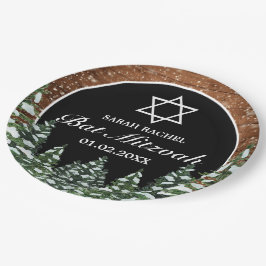 Black Snowy Wood & Forest Pine Bar Bat Mitzvah Pappteller
