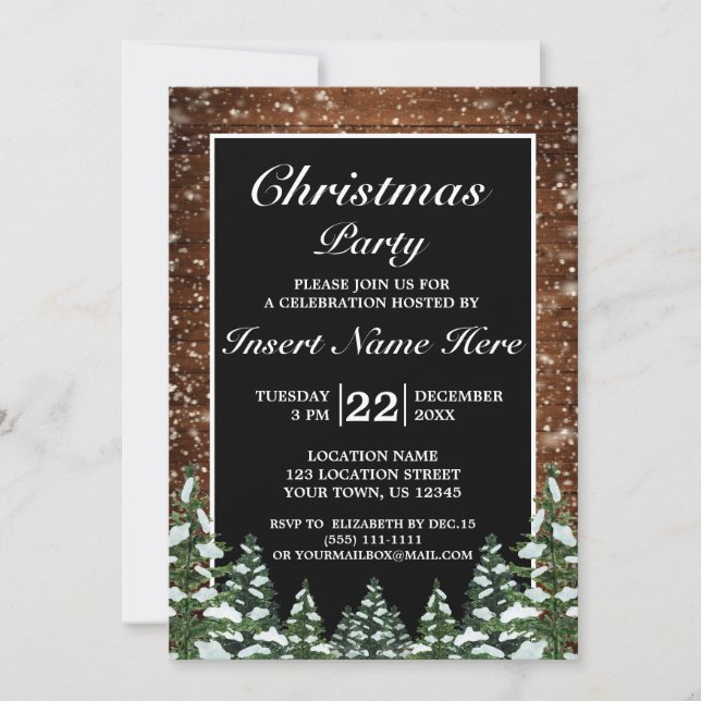 Black Snowy Wood Forest Pine Frohe Weihnachts-Part Einladung (Vorderseite)