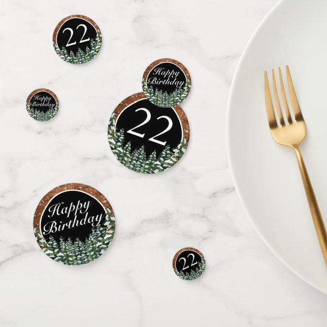Black Snowy Wood & Forest Pine Happy Birthday Konfetti (Gruppe)