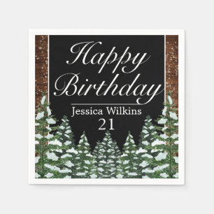 Black Snowy Wood & Forest Pine Happy Birthday Serviette