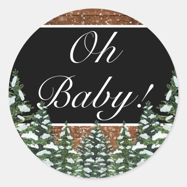 Black Snowy Wood & Forest Pine OH BABY Runder Aufkleber (Vorderseite)