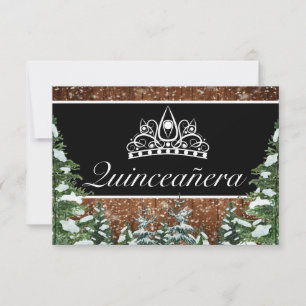 Black Snowy Wood & Forest Pine Tiara Qinceanera RSVP Karte