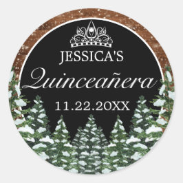 Black Snowy Wood & Forest Pine Tiara Quinceanera Runder Aufkleber