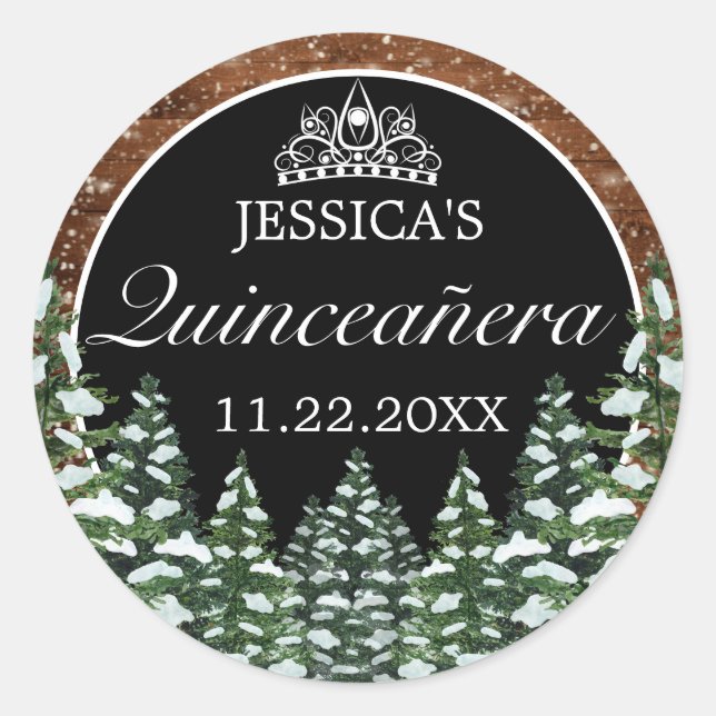 Black Snowy Wood & Forest Pine Tiara Quinceanera Runder Aufkleber (Vorderseite)