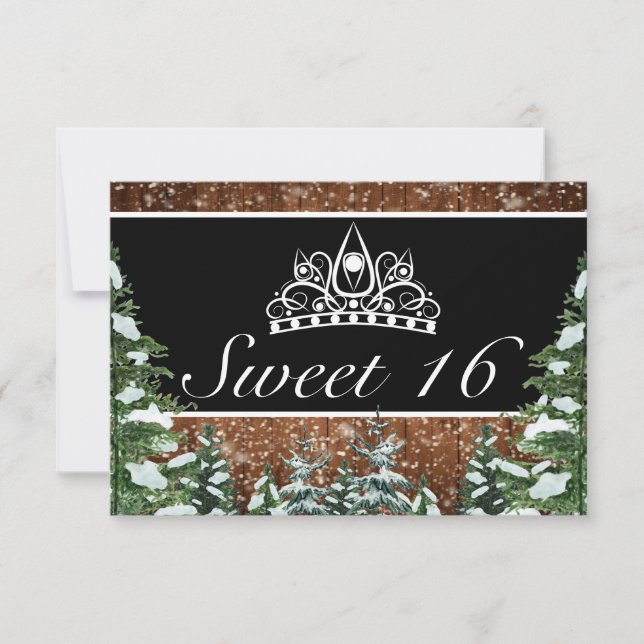 Black Snowy Wood & Forest Pine Tiara Sweet 16 RSVP Karte (Vorderseite)