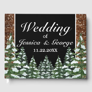 Black Snowy Wood & Forest Pine Wedding Gästebuch