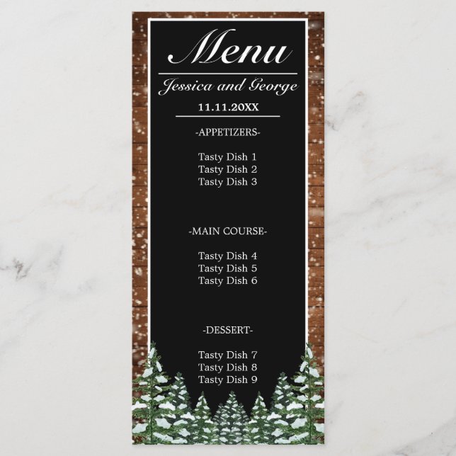 Black Snowy Wood & Forest Pine Wedding Menükarte (Vorderseite)
