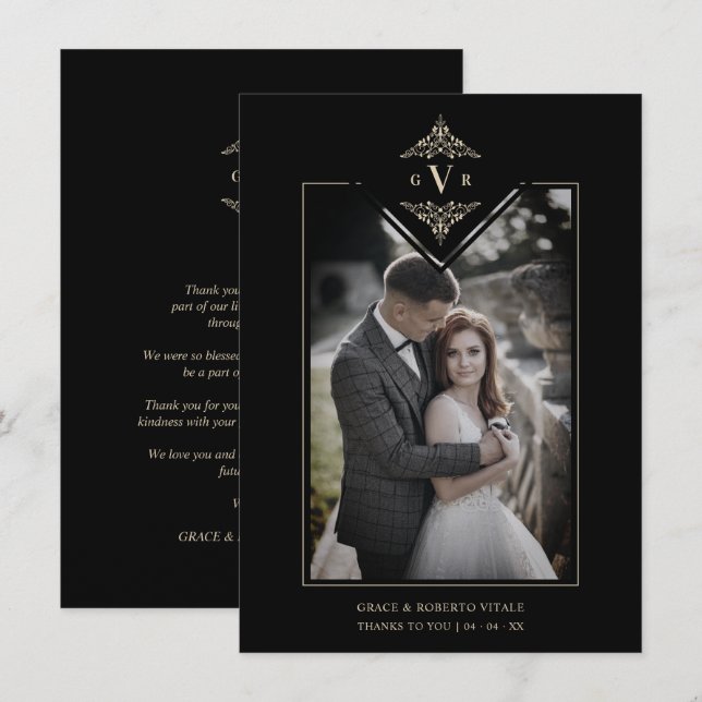 Black Sophisticate Flourish Chic Golden Initials Dankeskarte (Vorne/Hinten)