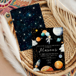 Black Space Astronaut Balloon Planets 1st Trip Einladung