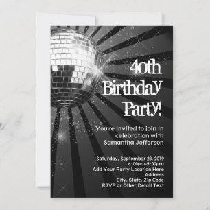 Black Sparkle Disco Ball 40. Geburtstag Party Einladung