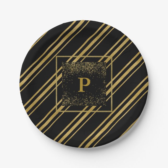 Black & Sparkling Gold Candy Cane Stripe Chic Pappteller (Vorderseite)