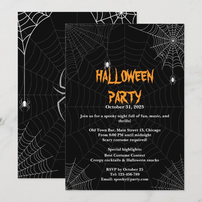 Black Spider Web Typografy Halloween-Party Einladung (Vorne/Hinten)