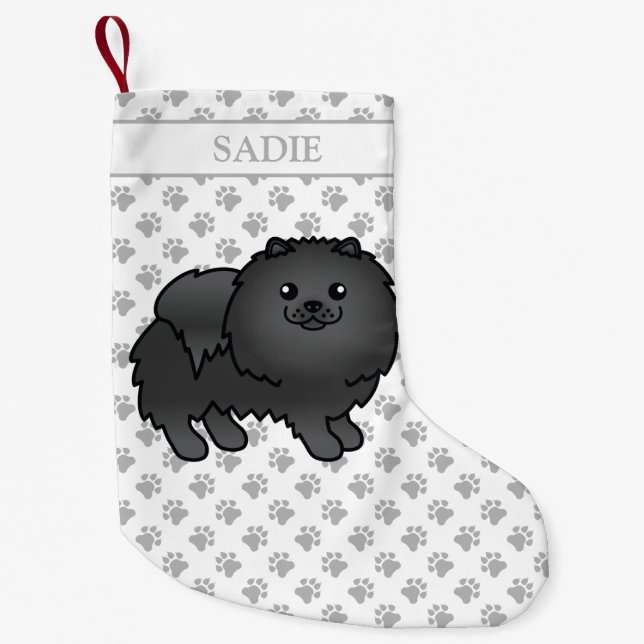 Black Spitz Niedlich Cartoon Dog & Name Kleiner Weihnachtsstrumpf (Vorderseite)