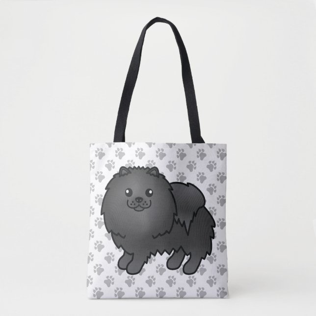 Black Spitz Niedlich Cartoon Dog & Paws Tasche (Vorderseite)