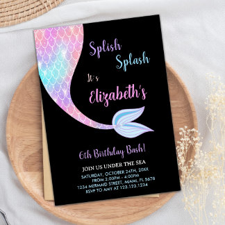 Black Splash Splish Mermaid Geburtstag Einladungen