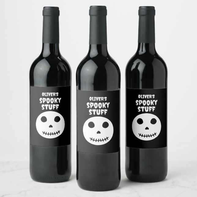 Black Spooky Stuff Halloween Skull Weinetikett (Flaschen)