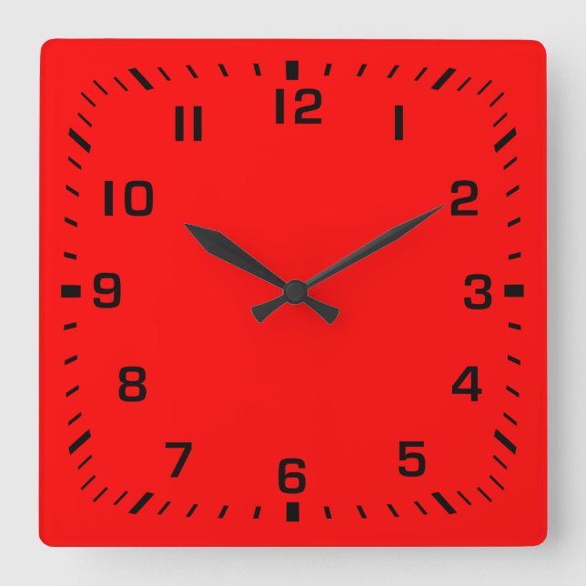 Black Square Number Faceplate auf roter Seite Quadratische Wanduhr (Vorderseite)