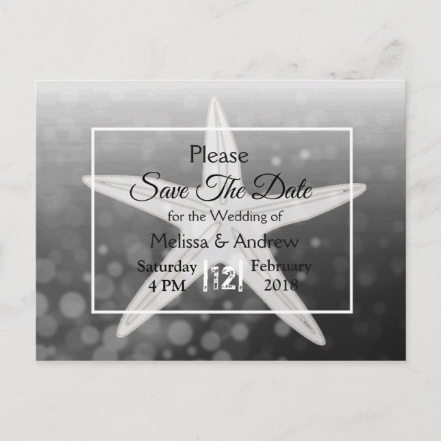 Black Starfish Beach Themed Wedding Save the Date Ankündigungspostkarte (Vorderseite)