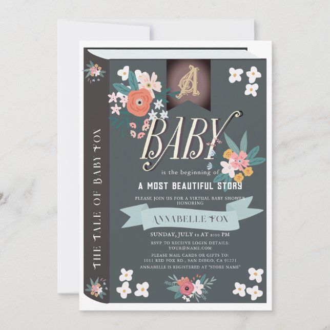 Black Storybook Floral Girl Virtual Baby Dusche Einladung (Vorderseite)